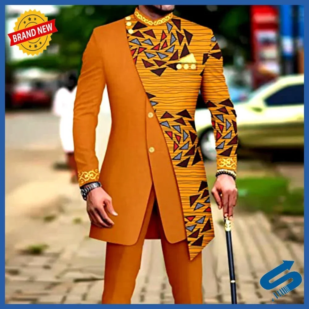 Men's African Suit Set Blazer Pants Embroidery Print Business Wedding Party